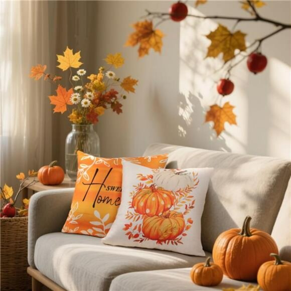 Fall Pumpkin Pillow Covers 18x18 Set of 4 Linen Throw Cases Autumn Thanksgiving - Picture 2 of 7